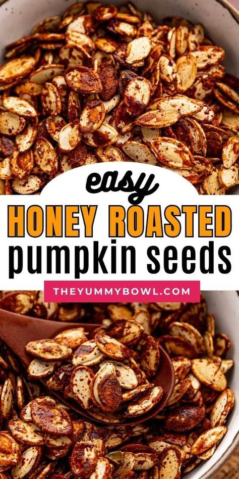 With just a few ingredients, you can whip up a batch of these sweet and salty honey roast pumpkin seeds and be munching down in no time. Ideal for a Halloween party, afternoon snack, or just to honor pumpkin season, this easy recipe makes a tasty treat. Honey Roasted Pumpkin Seeds, Sweet Roasted Pumpkin Seeds, Recipes For Pumpkin Seeds, Pumpkin Seed Flavors, Easy Pumpkin Seeds Recipe Roasted, Sweet Pumpkin Seeds Recipe, Air Fried Pumpkin Seeds, Pumpkin Seeds Recipe Roasted, Pumpkin Seed Recipes Sweet