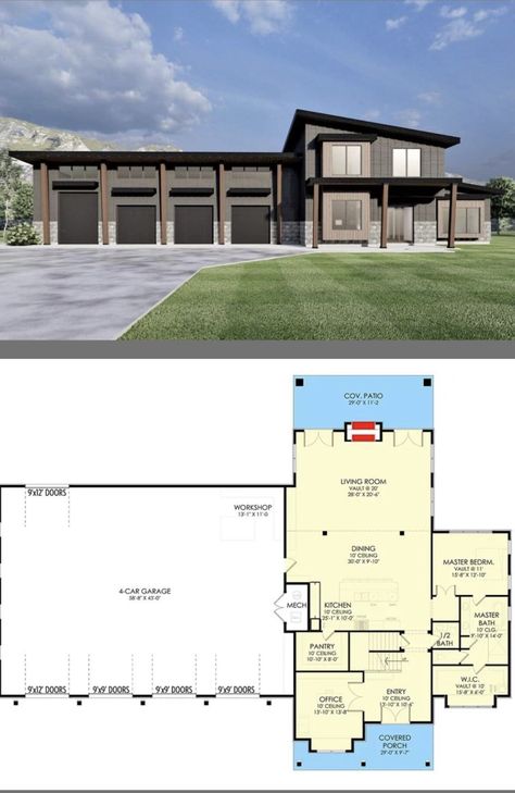 Workshop Floor Plan, 4 Car Garage House, 4 Car Garage House Plans, House 2 Story, Barndominium House Plans, Perfect House Plan, Garage And Workshop, Barndominium House, 4 Car Garage