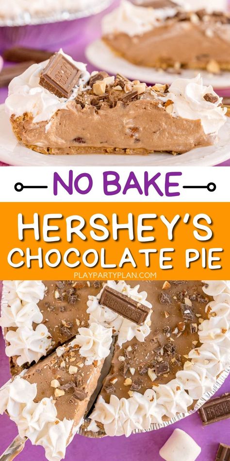 The best chocolate Hersheys pie! Chocolate, almonds, and marshmallow combine for a fluffy and delicious IY pie that's perfect when topped with Cool Whip! A great summer dessert or Thanksgiving pie recipe! Hershey Chocolate Pie Recipe, Hersheys Pie, Hershey Bar Pie, Hershey Chocolate Pie, Hershey Pie, Easy Party Food Recipes, Party Tips And Tricks, Healthy Chocolate Snacks, Chocolate Hershey