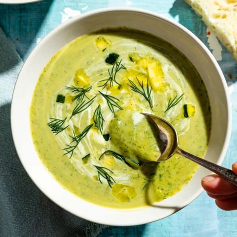 Zucchini Soup with Dill and Sour Cream | Cook's Country Zucchini Sour Cream, Raw Zucchini, Cooks Country Recipes, Crunch Recipe, Zucchini Soup, Homemade Soup Recipe, America's Test Kitchen Recipes, America's Test Kitchen, Creamed Spinach