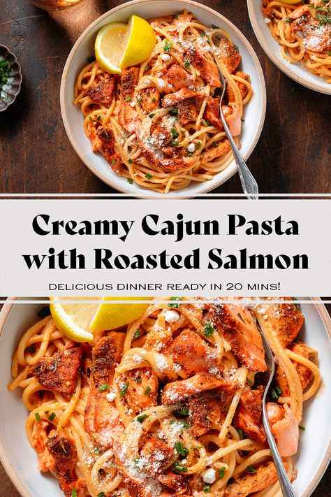 This Creamy Cajun Salmon Pasta is an easy 20-minute dinner perfect for both weeknights and special occasions! It's extra creamy with soft goat cheese, comforting, filling, and a little spicy. It comes together really quickly and it's a hit at any family dinner! Salmon And Noodles Recipes, Salmon And Spaghetti, Creamy Cajun Salmon, Cajun Salmon Pasta, Roasted Frozen Green Beans, Pasta With Salmon, Salmon Spaghetti, Creamy Cajun Pasta, Salmon Pasta Recipes