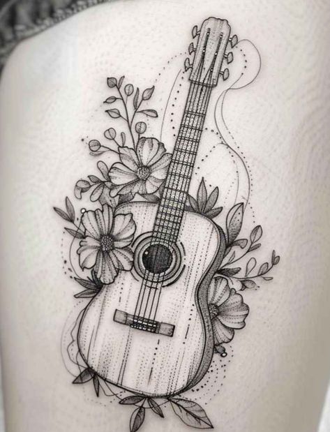 Guitar With Music Notes Tattoo, Guitar With Flowers Tattoo, Music And Flower Tattoo, Boot Tattoos For Women, Cute Forearm Tattoos For Women, Ukulele Tattoo, Music Notes Tattoo, Guitar Tattoo, Note Tattoo