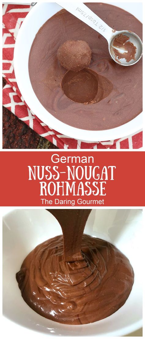 Known as Nuss-Nougat Rohmasse in Germany, this chocolate hazelnut nougat is a popular ingredient used for fillings in cakes, cookies, pastries and candies, and for glazes, frosting and fondants. It's very difficult to find outside Germany but have no fear - you can make your own! Nougat Recipe, German Food Authentic, Potato Candy, German Desserts, Frosting Recipes Easy, Candy Truffles, German Chocolate, Dessert Bread, No Fear