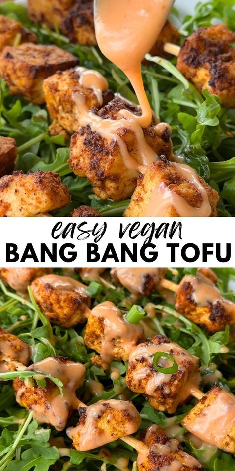 This vegan Bang Bang Tofu recipe is seriously the best! The combination of the sweet and spicy sauce with crispy air-fried tofu bites cannot be matched. Most people think of Bang Bang shrimp, but trust me, this Bang Bang Tofu is crave-worthy in its own right! Serve it in bowls with some rice, lettuce, and green onions on top, and you have a simple but delicious dinner you will keep coming back to. Air Fry Tofu, Tofu Bites, Bang Bang Tofu, Air Fried Tofu, Fried Tofu Recipes, Bang Bang Tofu Vegan, Shrimp Tofu Recipe, Fried Tofu Bowl, Oven Fried Tofu