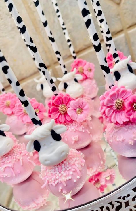 Pink Cowgirl Cake Pops, Holy Cow I’m One Treats, Cow Cake Pops, Cow Print Cakes, Cow Baby Shower Theme, 26 Birthday Cake, 1st Birthday Foods, Second Rodeo, Cowgirl Invitations