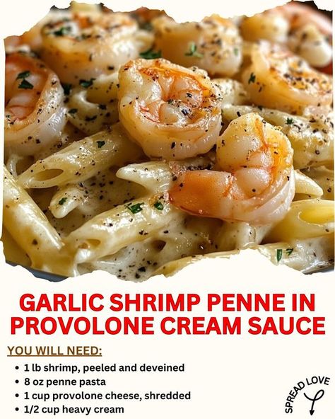 Garlic Shrimp Penne In Provolone Cream Sauce, Shrimp Pasta Recipes Easy, Pasta Recipes Easy, Garlic Cream Sauce, Lunch Prep, Shrimp Pasta Recipes, Prepped Lunches, Provolone Cheese, Garlic Shrimp