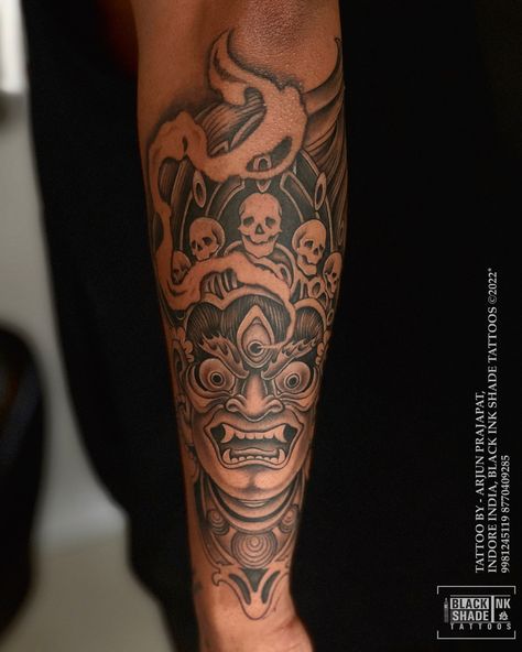 Kaal bhairava with customised skull & mushroom half sleeve tattoo by @arjunnprajapat ______________ @black.ink.shade.tattoos DM us for free consultations! Thanks For more information .. contact - 9981245119, 8770409285 Email id- blackinkshadetattoos@gmail.com . . . . . #tattoo2us #skulljewellery #trendingart #trendingfashion #tattooargentina #customised #tattoo2me #skullisland #chesttattoo #abstracttattoo #skullcandy #tattoo #trendingdances #customisedgifts #tattooapprentice #skull #customisedc Bhairab Tattoo Designs, Kal Bhairav Tattoo, Kaal Bhairav Tattoo Design, Embossed Tattoo, Bhairav Tattoo, Hindu God Tattoo, Skull Mushroom, Hindu Tattoos, Trishul Tattoo Designs