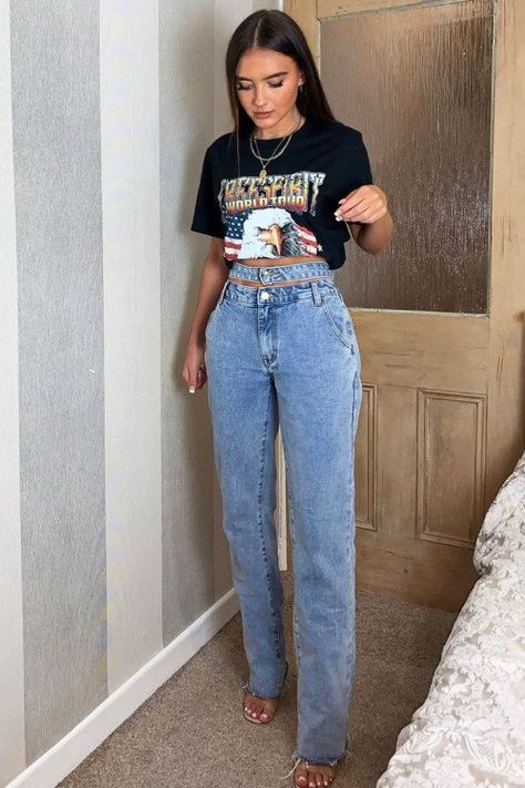 Blue Wash Denim Double Waist Mom Jeans - Dawn | @giftryapp Mom Jeans Outfit Winter, Mom Jeans Outfit Summer, Straight Leg Jeans Outfits, Looks Jeans, Blue Mom Jeans, Jeans Outfit Winter, Look Jean, Mom Jeans Outfit, Jeans Outfit Summer