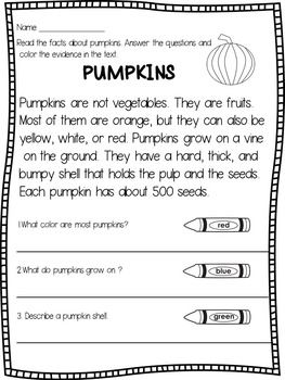 Pumpkins - Close ReadingsThis product contains two close reading texts about… Reading Comprehension Posters, Halloween Reading Comprehension, Pumpkin Reading, Thanksgiving Worksheets, English Teaching Materials, First Grade Science, Comprehension Worksheets, Comprehension Passage, Reading Comprehension Passages