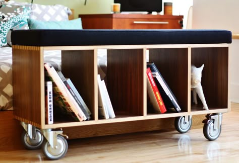 bookcase turned storage bench Book Bench Diy, Diy Book Cart, Dog Kennel Building, Bench Bookshelf, Bookshelf Bench, Bookcase Bench, Platform Bed Plans, Dog Kennel Cover, Kennel Cover