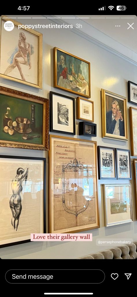 Old World Gallery Wall, Wall With Pictures Ideas, Gallery Wall Mismatched Frames, Library Gallery Wall, Mixed Art Gallery Wall, Gallery Wall Mixed Frames, Restaurant Upholstery, Vintage Gallery Wall Ideas, Bar Gallery Wall