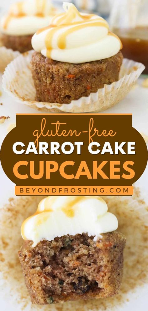 These Gluten-Free Carrot Cake Cupcakes are the BEST! You only need a few minutes to whip together this easy baking recipe. Moist and warmly spiced then topped with salted caramel cream cheese frosting, this simple dessert is irresistible! Gluten Free Carrot Cake Cupcakes, Gluten Free Cupcake Recipe, Irish Desserts, Dessert Oreo, Gluten Free Carrot Cake, Gluten Free Cupcakes, Carrot Cake Cupcakes, Gluten Free Cake, Gf Desserts