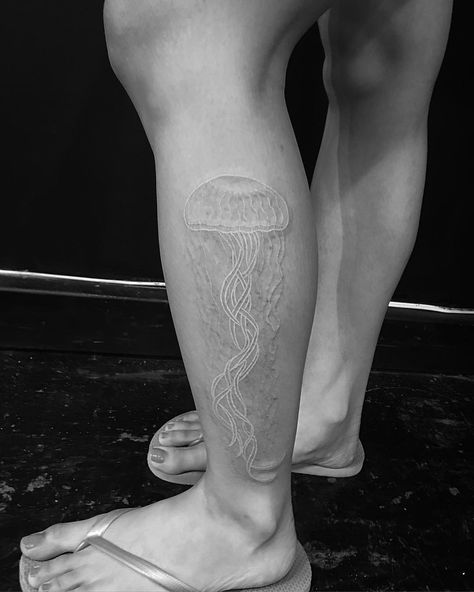 Jellyfish #whiteink #jonboytattoo White Jellyfish Tattoo, 1920s Bootlegger, Ink Jellyfish, Jellyfish White, Tattoo Jellyfish, Jonboy Tattoo, White Jellyfish, Ink Animals, Jellyfish Tattoo