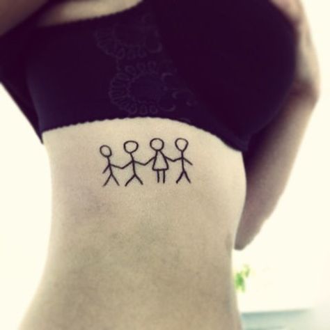 Simple 3 brothers and sister tattoo on the side. Color: Black. Tags: Creative, Nice, Easy, Sister, Brother Stick Figure Tattoo, Tattoo Sister, Matching Tattoos For Siblings, Sister Tat, Tato Minimal, Brother Tattoos, Tattoo Trend, Bro Sis, Sibling Tattoos