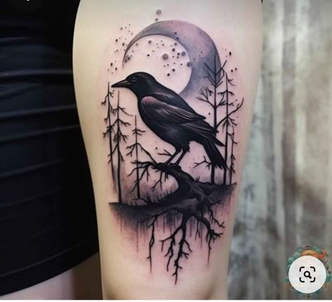 Elegant Moon Tattoo, Gothic Witchy Tattoos, Raven Moon Tattoo, Witchy Raven Tattoo, Raven With Moon Tattoo, Crow Tattoos For Women, Crow With Moon Tattoo, Witchy Black Cat Tattoo, Raven Tattoo Feminine