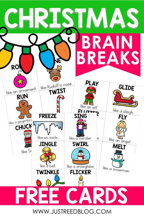 Looking for preschool or Kindergarten Christmas activities? Preschoolers and Kindergarten kids need gross motor activities and brain breaks regularly. These Christmas movement cards provide the perfect Christmas brain breaks for your December learning activities. Print out the Christmas action cards and have students play charades or take a quick break to get their wiggles out! These Christmas printables make a great Christmas worksheet alternative for active learning. #christmasprintables #pres Christmas Brain Breaks, Kindergarten Christmas Activities, Preschool Christmas Activities, Circle Time Activities, Christmas Worksheets, Christmas Kindergarten, Action Cards, Gross Motor Activities, Winter Preschool