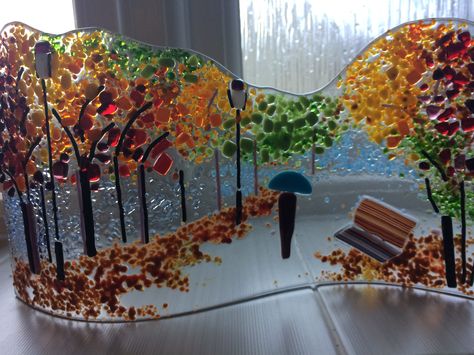 Fused Glass Frit Ideas, Fused Glass Wave Panel, Fused Glass Curved Panel, Glass Fusing Projects For Beginners, Glass Frit Painting, Frit Painting, Glass Landscape, Fused Glass Panel, Fused Glass Wall Art