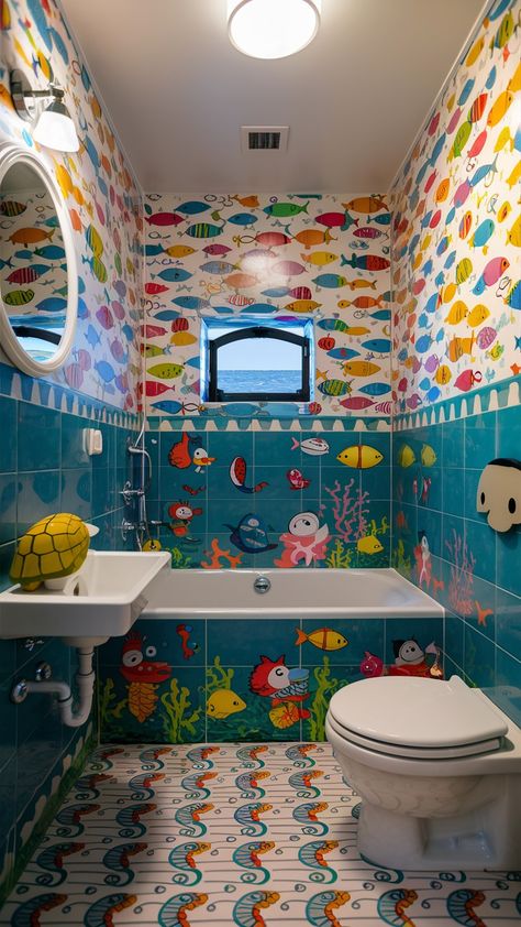 Small Kids Bathroom🤩🤩 Small Kids Bathroom, Room Reference, Children Bathroom, Fish Room, Fish Bathroom, Ocean Bathroom, Sea Aquarium, Room Things, Cool Room Designs