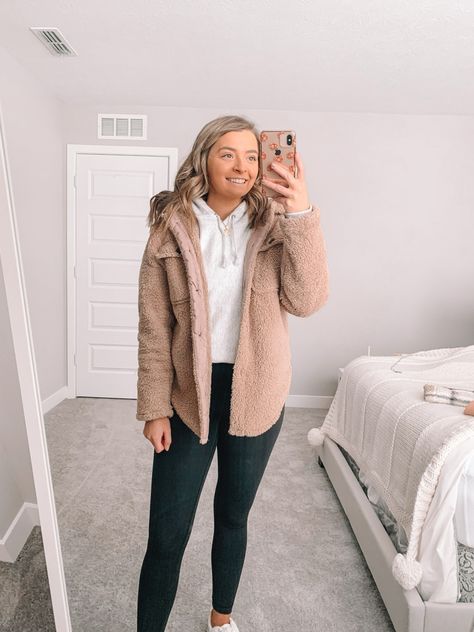 Tan sherpa shacket, Lululemon leggings, champion hoodie Wool Shacket Outfit, Tan Sherpa Jacket Outfit, Sherpa Shacket Outfit, Tan Shacket Outfit, Sherpa Hoodie Outfit, Tan Hoodie Outfit, Tan Leggings Outfit, Tan Fall Jacket, Sherpa Outfits