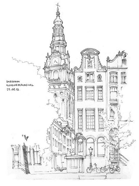 Amsterdam, Kloveniersburgwal by gerard michel, via Flickr Croquis Architecture, City Sketch, Architectural Sketch, Travel Sketches, Sketch Ideas, Sketch Painting, Urban Sketching, Old Building, Architecture Sketch