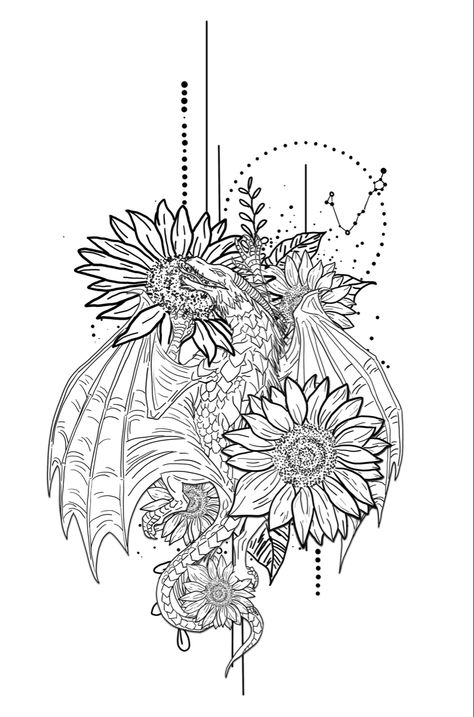 Simple asthetic of a dragon sleeping with sunflowers has an easter egg for the pieces Dragon With Sunflowers Tattoo, Dragon And Sunflower Tattoo, Sleeping Dragon Tattoo, Dragon Tattoo With Flowers, Dragon Sleeping, Dragon Tattoo Drawing, Sleeping Dragon, Dragon Sleeve, Sunflower Drawing