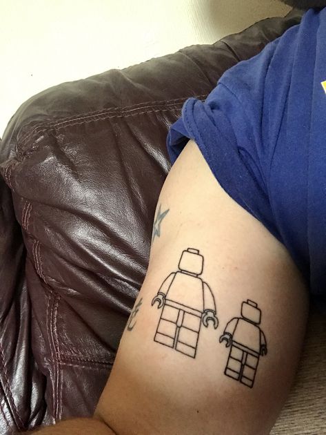 Custom Lego figure tattoo Couples Lego Tattoo, Lego Block Tattoo, Lego Inspired Tattoo, Lego Tattoo Ideas For Men, Lego Man Tattoo, Lego Piece Tattoo, Lego Figure Tattoo, Lego Tattoo Ideas, Figure Tattoo