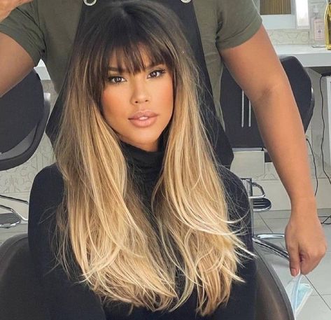 Hair Extensions With Curtain Bangs, Bangs With Ombre Hair, Long Ombre Hair With Bangs, Long Lob Haircut With Layers Bangs, Dark Bangs Blonde Hair, Ombre Hair Color Layers, Dark Balayage With Bangs, Balage With Bangs, Balayage Hair Blonde Bangs