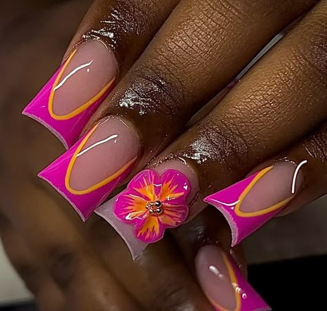 Miami Acrylic Nails, Miami Heat Nails, Hibiscus Flower Nails Yellow And Pink, 3d Tropical Flower Nails, Pink French Tip With Hawaii Flower, Mexico Nails, Medium Nails, Hot Nail Designs, Miami Nails