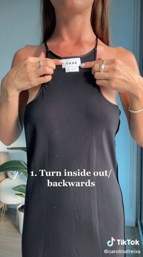 How To Cinch A Dress Waist, Tighten Dress Waist Diy, Low Cut Dress Hack, Slip Dress Hack, Dress Too Big Hacks No Sew, Diy Halter, Dress Hack, Low Cut Dresses, Tiktok Fashion