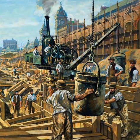 underground, picture, image, illustration Industrial Revolution Fashion, First Industrial Revolution, Harry Green, Revolution Poster, Industrial Paintings, Railroad Art, Learn History, About History, Architecture Images