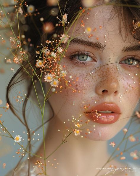 My delicate little flowers 🌸 #aifashion #midjourneyart #midjourneyv6 #aielegance #delicate #aiflowers #greeneyes #aicommunity #flowercrown Portrait With Flowers, Portrait Concept, Fairy Flowers, Close Up Faces, Art Photography Portrait, Islamic Calligraphy Painting, Creative Photoshoot Ideas, Floral Studio, Face Photo