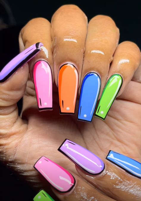 Pop Art Acrylic Nails, 2d Nails, Nail Ideas For Winter Simple, 2d Nail Art, Nail Ideas For Winter, Nail Ideas Gel, Nail Ideas Spring, Simple Nail Ideas, Nail Ideas Acrylic