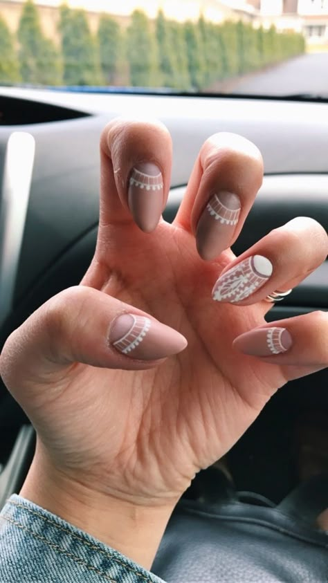 NUDE HALF MOON COACHELLA NAILS Almond Nails Boho, Beach Boho Nails, Spring Boho Nails, Boho Almond Nails, Boho Almond Nails Bohemian, Half Moon Acrylic Nails, Chella Outfits, Neutral Half Moon Nails, Half Moon Design Nails