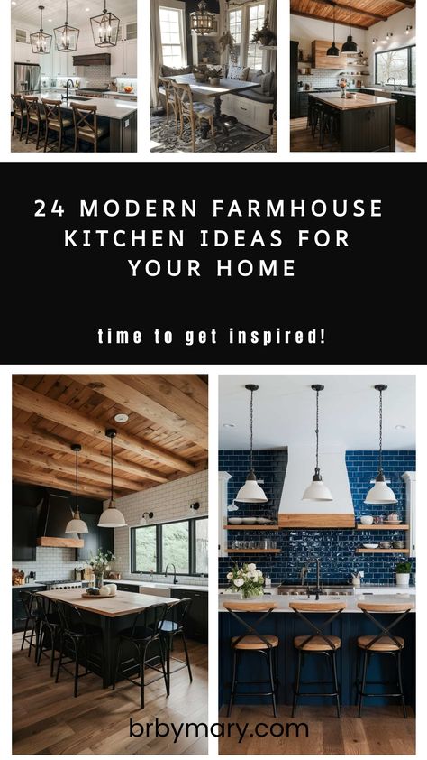 Looking for modern farmhouse kitchen ideas? I've got you! I've listed all my favorite modern farmhouse kitchen looks in this post. When it comes to creating a modern farmhouse kitchen, the goal is to strike the perfect balance between cozy, rustic charm and sleek, contemporary design. check out these 24 Modern Farmhouse Kitchen Ideas for your home interior. Modern Farmhouse Island Pendants, Modern Farm Kitchen Ideas, Modern Farmhouse Kitchen Colors, Modern Mountain Home Interiors, Modern Farm Kitchen, Farmhouse Breakfast Nook, Modern Farmhouse Kitchen Island, Dream Farmhouse Kitchen, Modern Farmhouse Kitchen Ideas