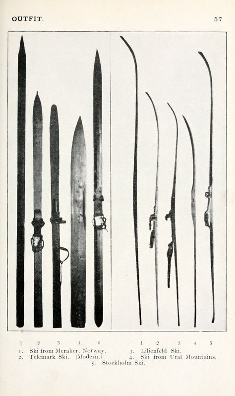 Various old wood skis. This is from the wide ranging and well written instructional book, “The Ski-Runner” by E.C. Richardson, published by the author from 1 Mitre Court, Fleet Street, London, E.C. ... Vintage Ski Prints, Vintage Skiing Aesthetic, Ski Wall Art, Ski Inspiration, Ski House Decor, Vintage Skis, Old Skis, Ski Culture, Vintage Ski Posters