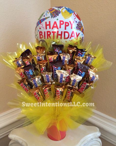 Happy Birthday Candy Bouquet by Sweet Intentions, LLC.   https://www.facebook.com/SweetIntentionsLLC Snickers Bouquet Diy, Mini Candy Bouquet Diy, Snack Bouquet Diy Birthday Gifts, Sweet Bouquets Candy How To Make, Birthday Cookie Bouquet, Diy Dum Dum Bouquet Lollipop Tree, Candy Boquets Mini, Birthday Candy Bouquet, Snickers Candy