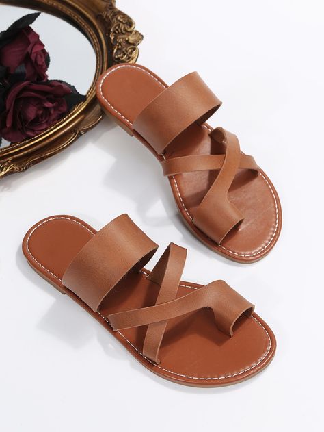 Brown Fashionable    Plain Thong Sandals Embellished   Women Shoes Minimalist Sandals, Women Flat Sandals, Toe Separator, Fashion Shoes Sandals, Roman Sandals, Strappy Flats, Outdoor Vacation, Genuine Leather Sandals, Ladies Sandals