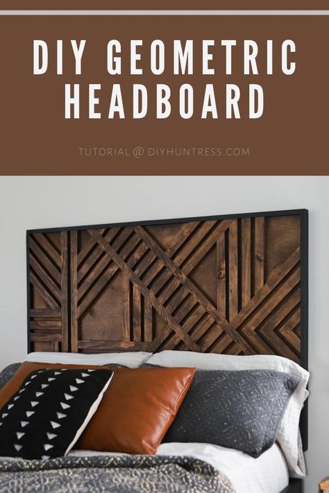 DIY Geometric Wood Headboard - DIY Huntress Diy Huntress, Geometric Headboard, Diy Wood Headboard, Headboard Tutorial, Wood Feature Wall, Build Projects, Headboard Ideas, Diy Headboards, Diy Wooden Projects