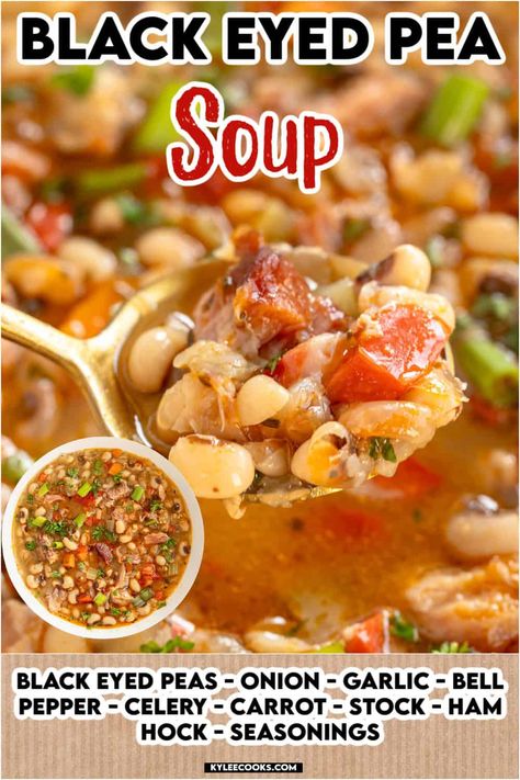 Cozy up with a bowl of this hearty Black-Eyed Pea Soup! 🍲 Full of veggies, ham, and tender black-eyed peas, it’s a classic comfort food perfect for chilly days. Black Eye Pea And Collard Soup, Black Eye Pea Chili, Black Eyed Pea Restaurant Copycat Recipes, Ham And Black Eyed Pea Soup, Black Eye Peas Crockpot Easy, Ham Black Eyed Peas, Blackeyed Pea Soup, Black Eye Peas Crockpot, Black Eye Pea Soup