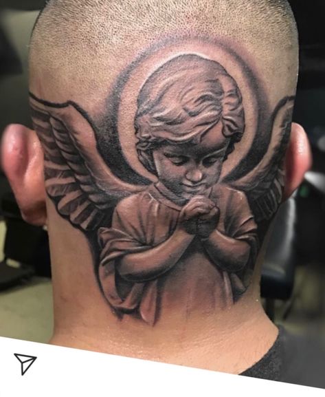 Angel Head Tattoo, Religous Tattoo, Tattoo Crane, Cupid Tattoo, Best Neck Tattoos, Side Neck Tattoo, 16 Tattoo, Cherub Tattoo, Skull Sleeve Tattoos