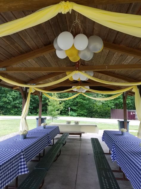 Pavillion Party, Park Party Decorations, Outdoor Pavillion, Thanksgiving Decorations Outdoor, Birthday Party At Park, Gazebo Decorations, Outdoor Graduation Parties, Park Pavilion, Park Birthday