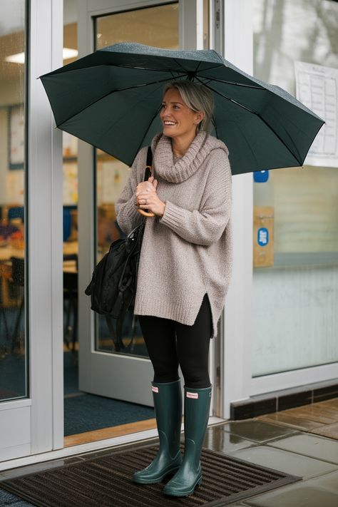 A middle-aged female teacher in black leggings, an oversized sweater, and green rain boots near the classroom door. Outfits With Rain Boots, Chic Teacher Outfits, Stylish Teacher Outfits, Casual Teacher Outfits, Rainboots Outfit, Colorful Combinations, Teacher Outfit Ideas, Teacher Outfit, Teacher Outfits