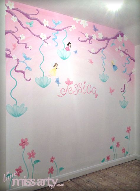 Fairy and butterfly wall mural. Designed and hand painted for a little girl's bedroom. Fairies Bedroom, Butterfly Wall Mural, Simple Wall Paintings, Butterfly Bedroom, Bedroom Kid, Fairy Bedroom, Fairy Room, Purple Fairy, Luxury Room