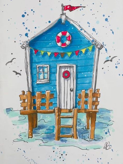 Lia Bosch on Instagram: "Strandhuisje strand zo lekker ook in de winter #winsorandnewton #promarkers #julia_henze #summerpainting" Whimsical Art Drawings, Caribbean Homes, Brush Paint, Beach House Art, Beach Huts, Beach Watercolor, Watercolor Sketchbook, American Folk Art, House Drawing