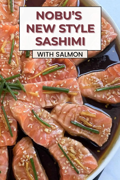 Nobu's New Style Sashimi with salmon is such a delicious and simple sashimi dish to make at home. It takes just 15 minutes to make and is an ideal appetizer or side dish for sashimi lovers! Sashimi Sauce Recipe, Sashimi Recipe, Salmon Sashimi, Popular Appetizers, Yummy Seafood, Salmon And Asparagus, Low Carb Appetizers, Salmon Dishes, Keto Side Dishes