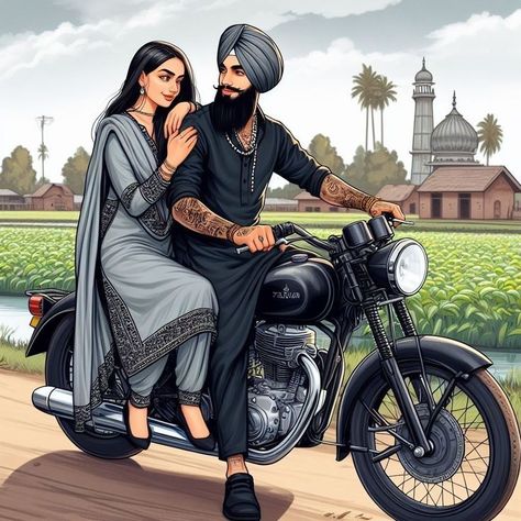 Sardar Sardarni Couple Sketch, Punjabi Couple Drawing, Punjabi Couples Pics, Sikh Couple, Couple Shadow, Sikh Art, Potrait Painting, Spiritual Pictures, Wedding Caricature