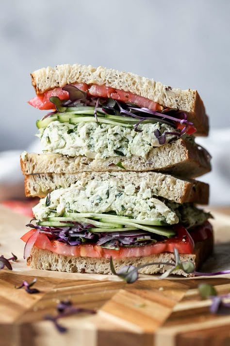 Creamy Salads, Green Goddess Chicken Salad, Green Goddess Chicken, Cold Quinoa Salad, Seafood Salads, Dishing Out Health, Chicken Salad Sandwiches, Sandwiches Recipes, Chicken Salads