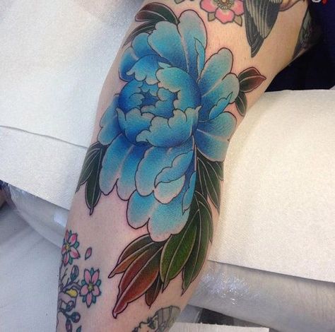 Blue Peony Tattoo, Blue Flower Tattoo, Peony Flower Tattoo, Blue Peony Flower, Blue Flower Tattoos, Peony Flower Tattoos, Flowers Tattoos, Japanese Theme, Blue Peony