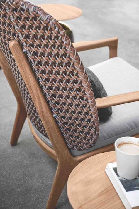 Gloster Kay Low Back Lounge Chair by Henrik Pedersen Woven Furniture, Outdoor Furniture Design, Teak Frame, Outdoor Furniture Collections, Fitted Furniture, Teak Furniture, Grey Cushions, Fabric Seat, Furniture Collections