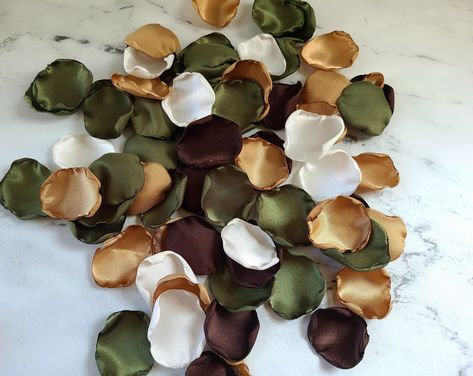 "Your Western Rustic Fall flower petal set will include stunning Brown, Olive Green, Beige and Taupe rose petals. You can choose to add ivory and beige flower petals to the mix. Our gorgeous rose petals are perfect for flower girl tossing, ceremony decor, tabletop scattering or used as wedding aisle decor. We several styles and color combinations that you can customize by adding additional colors or omitting a color/s. This allows you to create a Perfect set that is unique for you on your Special Day! CLICK HERE: to view more Olive Green Petals https://www.etsy.com/shop/GraceReneeElegance?ref=profile_header&search_query=olive Your rose petals are ideal for: * Flower Girl Tossing * Wedding Aisle Decor * Cake, wedding memorial tabletop scatter  * Ceremony Decor / Sweetheart table decor * Bri Wedding Colors Brown And Green, Beige And Olive Green Wedding, Rustic And Green Wedding, Sage Green Cream And Brown Wedding, Wedding Colors With Olive Green, Sage Green Brown And Gold Wedding, Sage Green And Brown Party Decorations, Olive Green And Ivory Wedding Color Palettes, Green Gold And Brown Party Decor